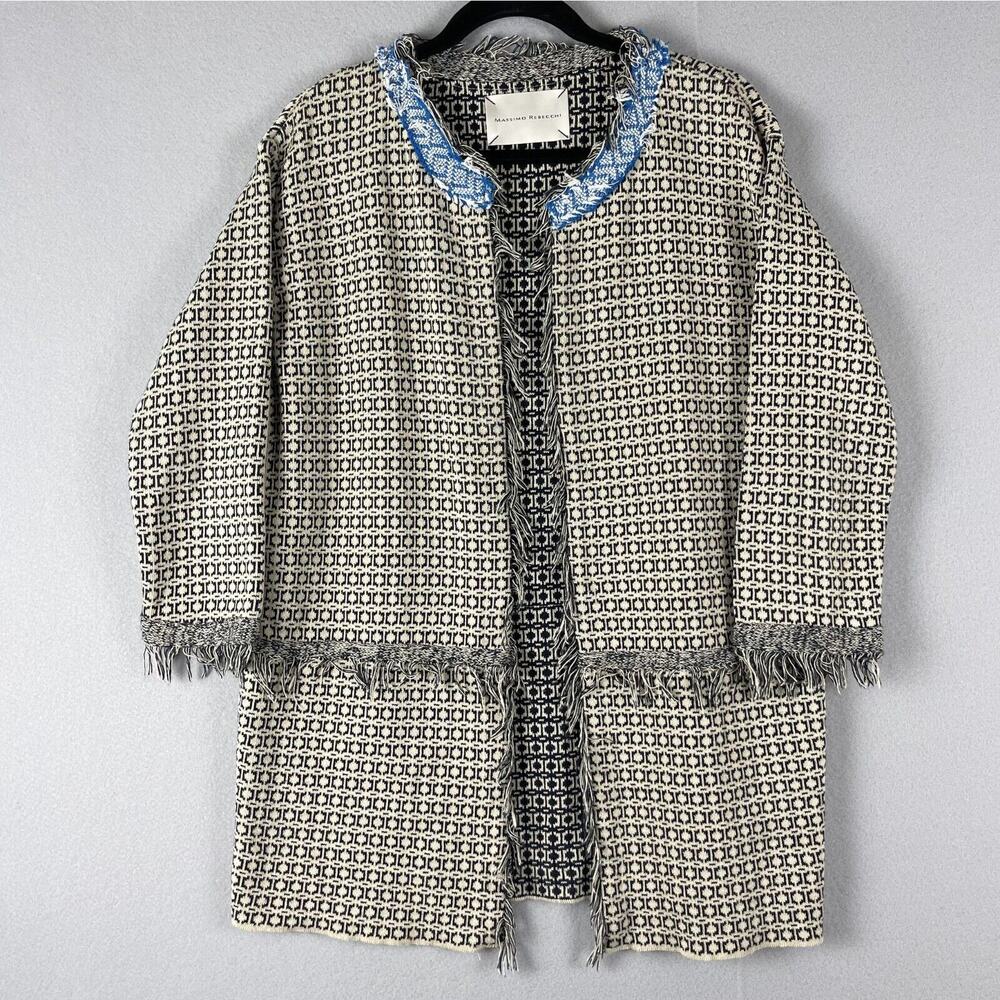 Massimo Rebecchi Long Jacket Women Medium Knit Fringe Geometric Artsy Italy Made